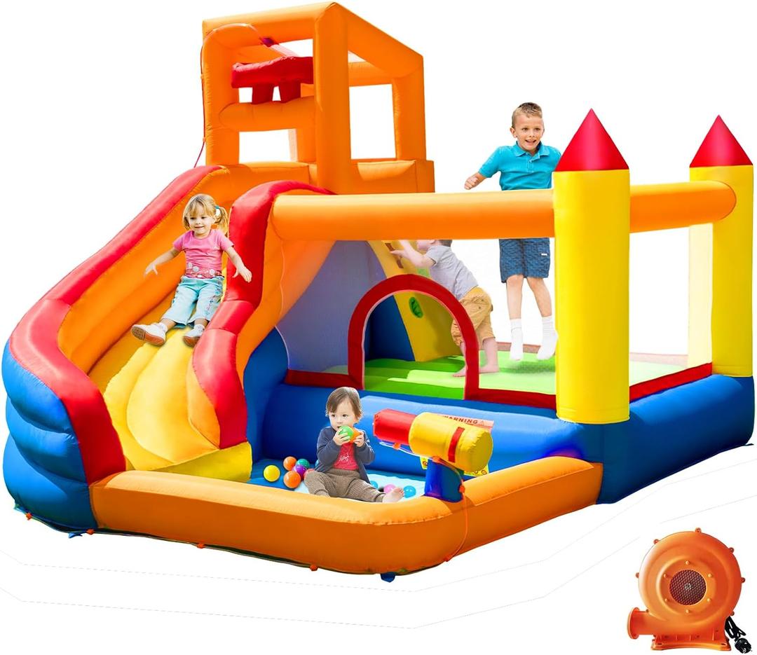 HuaKastro Bounce House for Kids 3-8 with Slide and Ballpit for Indoor Outdoor Play, 5 in 1 Backyard Jumping Castle W/Climbing Wall, (Water) Slide, Pool & Water Cannon for Kids Parties - with Blower