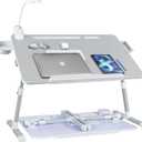 iXTRA Laptop Lap Desk with Cooling Fan - Adjustable Bed Desk with Light, Bed Table with Cup Holder&Phone Holder - Storage Drawer Desk - Folding Bed Desk,Grey,70x45cm