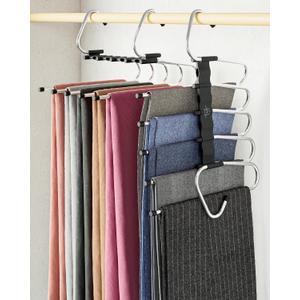 MORALVE Pants Hangers Space Saving - 2 Pack - Non-Slip Multi-Layer Space Saving Hangers - Multifunctional Clothing Rack for Closet Storage - Ideal for Jeans, Trousers, Skirts, Scarves & Slacks (Black)