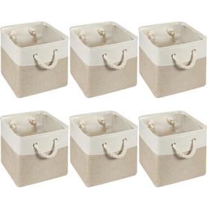 Geiserailie 6 Pcs 12 x 12 Inch Cube Storage Bins Fabric Storage Organizer Bins Foldable Cube Baskets with Sturdy Carry Handles Wicker Baskets for Home (White,Light Brown)
