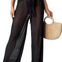 RoseSeek Women's Sheer Mesh Tie Front Bathing Suit Cover Up Pants Wide Leg Loose Swimsuit Cover Up Beach Pants (X-Large, Black)