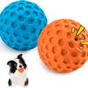HIPPIH Indestructible Squeaky Dog Toys, Interactive Dog Balls 2 Pack, Chew Toys for Aggressive Chewers, Natural Rubber Puppy Toy for Large/Medium Dogs, Tough Puppy Teething Toy, Relieve Anxiety (3.15inch+3.15inch, Blue+Orange)