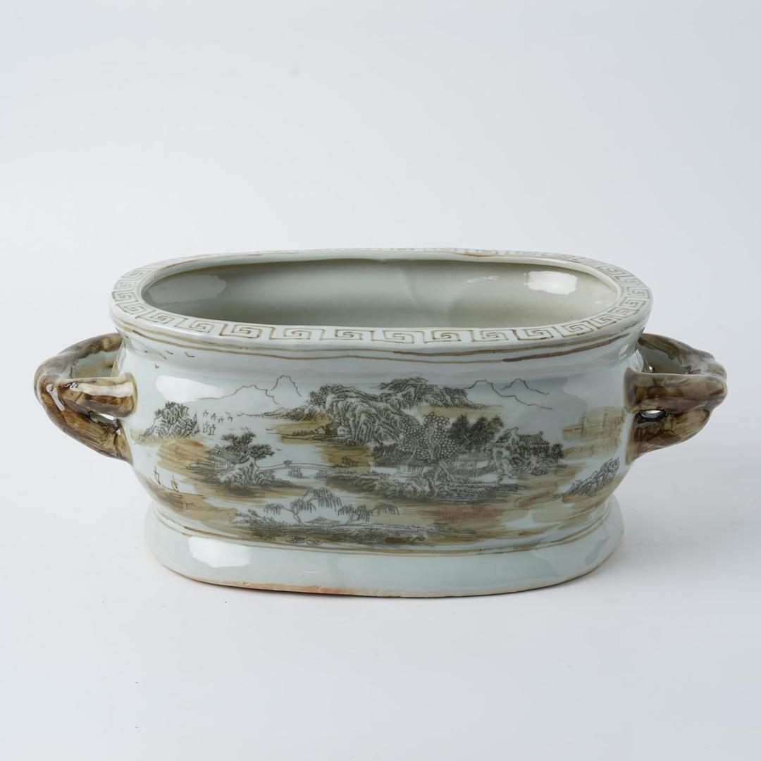 JINDEZHEN Vintage Blue and White Flower & Birds Porcelain Footbath Planter Chinoiserie Scenery Motif Ceramic Flower Pot (Brown)