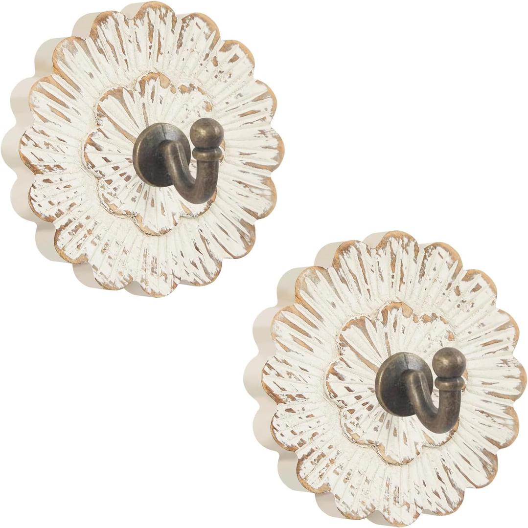 Weysat 2 Pcs Vintage Hooks for Wall Wood Farmhouse Towel Hooks Shabby Chic Wall Decor Boho Coat Hanger for Home Kitchen Office Keys Bags Towel (Flower)