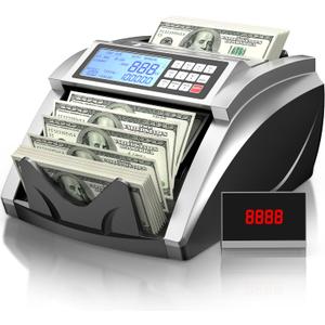 PONNOR Money Counter Machine with Value Bill Count, Cash Counter for Dollar, Euro with UV/MG/IR/DD/DBL/HLF/CHN Counterfeit Detection, Add/Bat/Value Mode Bill Counting Machine with Large LCD Display