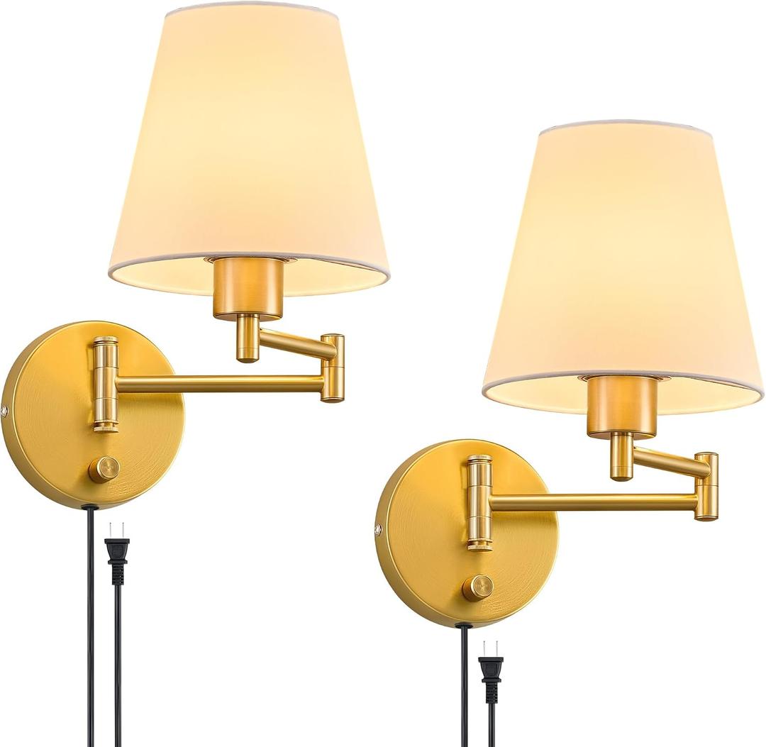 VONLUCE Wall Sconce Set of 2, Plug in & Hardwired Swing Arm Wall Lamps, Adjustable Wall Mounted Lighting Fixtures, Modern Wall Lights with Golden Base White Fabric Shade for Bedside, Hallway, Study