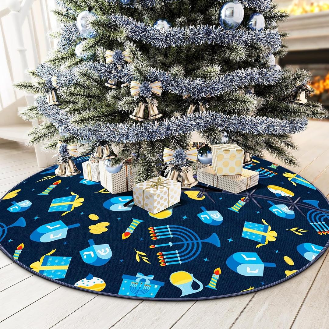 Hanukkah Tree Skirt 48 Inches Chanukah Tree Mat Holiday Indoor Decor Menorah Dreidel Tree Skirt for Holiday Party Hanukkah Indoor Outdoor Decorations
