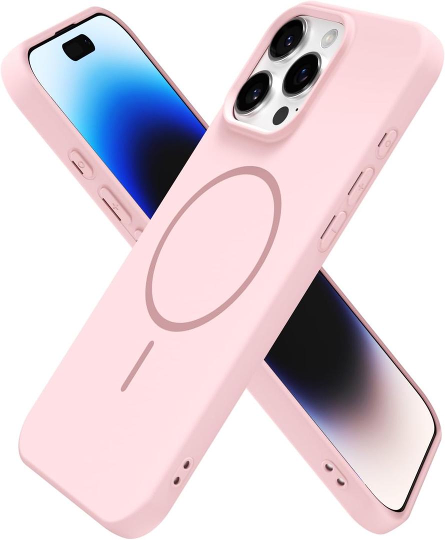 oakxco for iPhone 14 Pro Case Silicone Mag Safe, Magnetic Slim Thin Phone Case Compatible with Magsafe Wireless Charging, Cute Girly Aesthetic Soft Rubber Gel Safecase for Women Girls, Light Pink