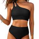 High Waisted Ribbed Bikini Swimsuit - Women Two Piece Bathing Suit One Shoulder Swimwear 2025 Black. Size M