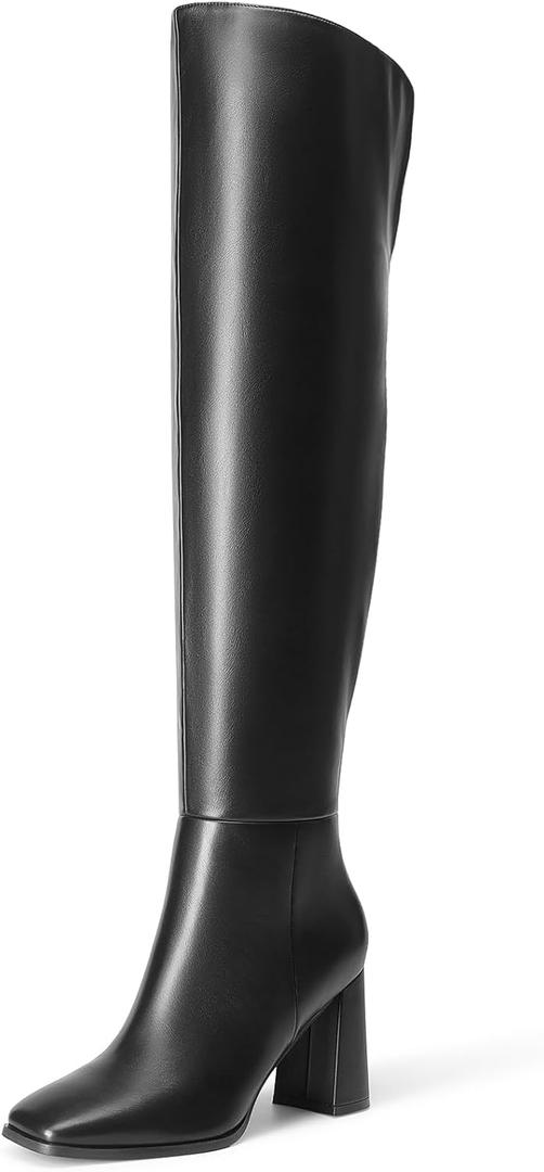 DREAM PAIRS Women's Tall Over the Knee Boots Thigh High Fall Block Chunky Heeled Knee High Long Boots with Fashion Square Toe and Side Zipper (11, Black)