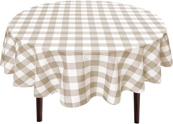 Hiasan Checkered Round Tablecloth - 60 Inch, Waterproof Stain and Wrinkle Resistant Washable Fabric Table Cloth for Kitchen Outdoor Picnic, Dining Room,Party,Khaki and White