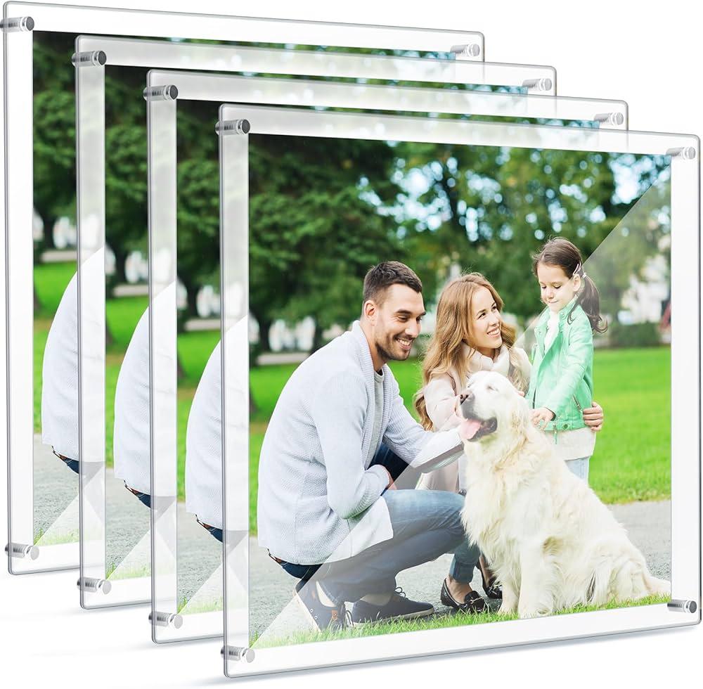 Pack of 4 Acrylic Floating Picture Frames 18 x 22 Inch Clear Picture Frame Bulk Wall Mount Double Panel Frameless Display Photography Collage Frame for Wall Office Home Living Room Decoration