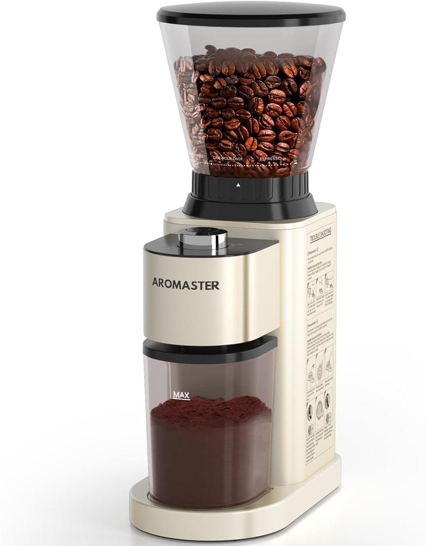 Aromaster Coffee Bean Grinder with 48 Gind Settings, Conical Burr Coffee Grinder for Home Use,Stainless Steel,40 Seconds Adjustable Timer,Anti-static,Easy to Clean with Brush, Beige