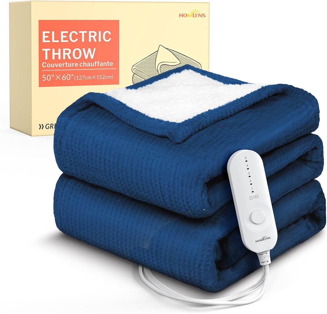 HOMLYNS LuxeHeat Heated Blanket Throw, Soft Flannel Sherpa, Electric Blanket 5 Heat Settings, Fast Heating, Heating Throw Blanket 3 Hours Timer Auto Shut Off, Machine Washable, 5060 Inches, Navy