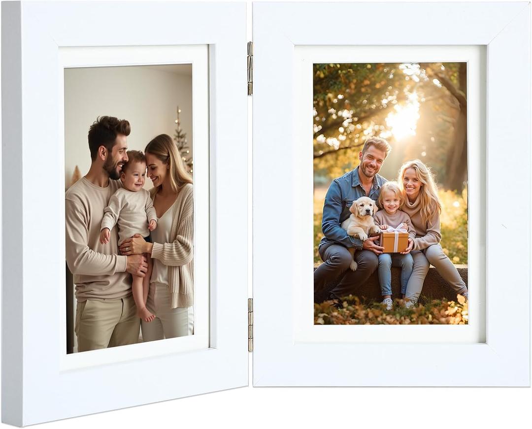 5x7 Double Picture Frame with Tempered Glass in White,Vertical Display 4x6 with Mat or 5x7 without Mat, Engineered Wood Bifold Photo Frame for Tabletop,Nice Gift for Memories & Dcor (PS008-WHX7)