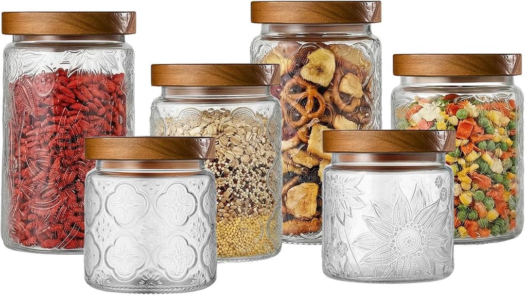 FillTouch 6 Pcs Vintage Glass Jar with Wooden Lid 17/24/34 oz Glass Airtight Food Storage Container with Lid Jar Begonia Sunflower Pattern for Kitchen Sugar Coffee Tea Beans Candy Cookie