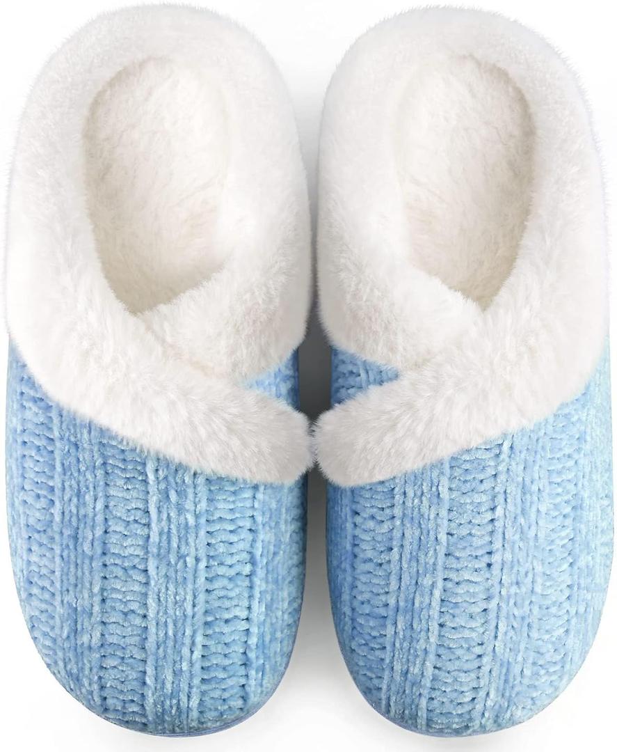 Slippers for Women Fuzzy House Slip on Indoor Outdoor Bedroom Furry Fleece Lined Ladies Comfy Memory Foam Female Home Shoes Anti-Skid Rubber Hard Sole (7-8, Blue)
