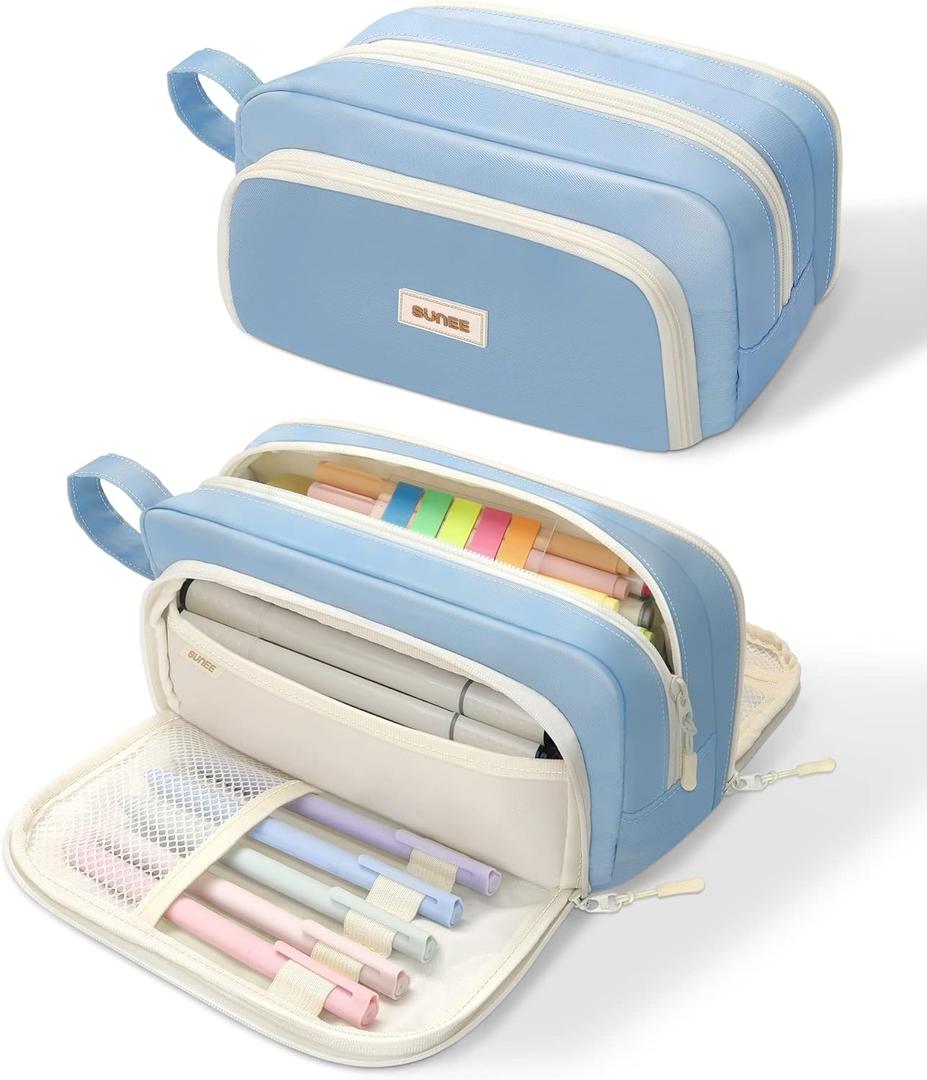 SUNEE Large Pencil Case, Big Capacity Pen Pouch with 3 Compartments, Kawaii Cute Pencil Bag with Zipper, High Storage Stationery Holder and Organizer, School Supplies for Teen and Adult Girls, Blue