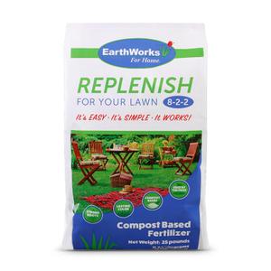 EarthWorks EW4H Replenish Lawn Fertilizer (8-2-2), Organic Compost Grass Food, Deep Root Turf Booster, Year-Round Green, Soil-Building Formula for All Seasons, 25 lbs