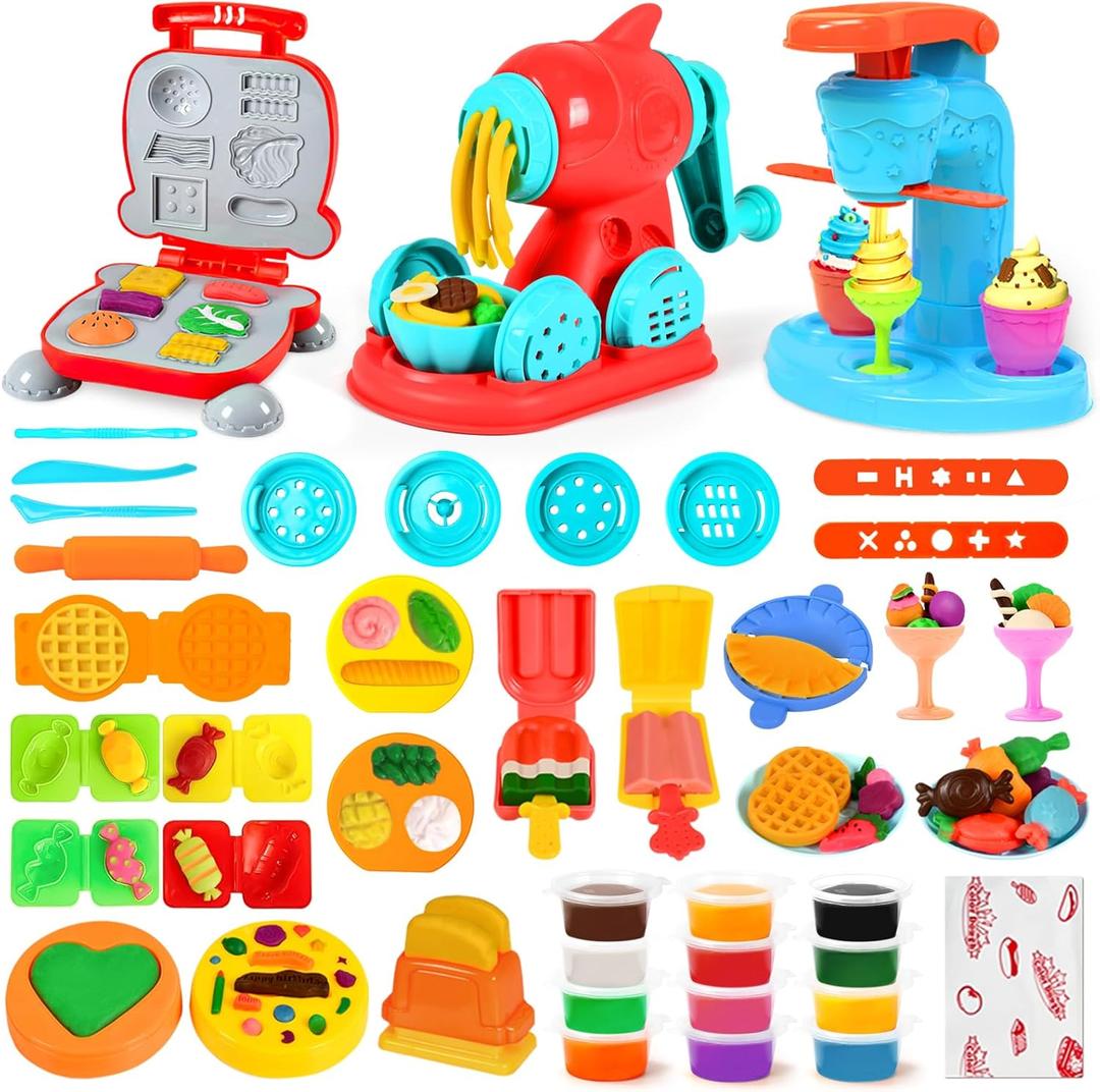 3 in 1 Dough Sets 59 PCS for Kids Ages 4-8, Dough Tools Kit with Ice Cream Noodle Hamburger Maker Machine, Kitchen Creations Art Crafts Food Play Toys for Boys Girls Kids Toddlers Ages 3+