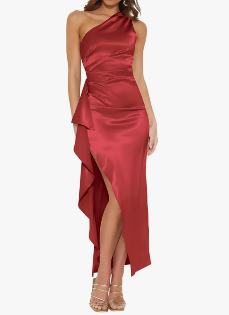 Hocuos Women's 2025 Summer One Shoulder Satin Split Maxi Dress Casual Elegant Wedding Guest Party Dresses Trendy M