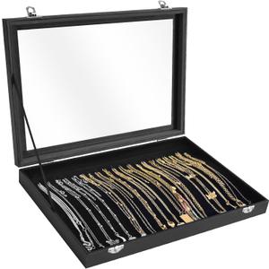 Siveit Premium Necklace Organizer Box - 20 Hooks Jewelry Tray with Transparent Lid - Display Box for Necklaces, Pendants - Suitable for Women and Girls (Black)