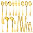 Mwellewm 17Pcs Serving Utensils, Gold Stainless Steel Serving Spoons, Slotted Spoon, Fork, Tongs, Cake Pie Server, Soup Spoon, Metal Buffet Banquet Cutlery Set for Parties Entertaining Catering