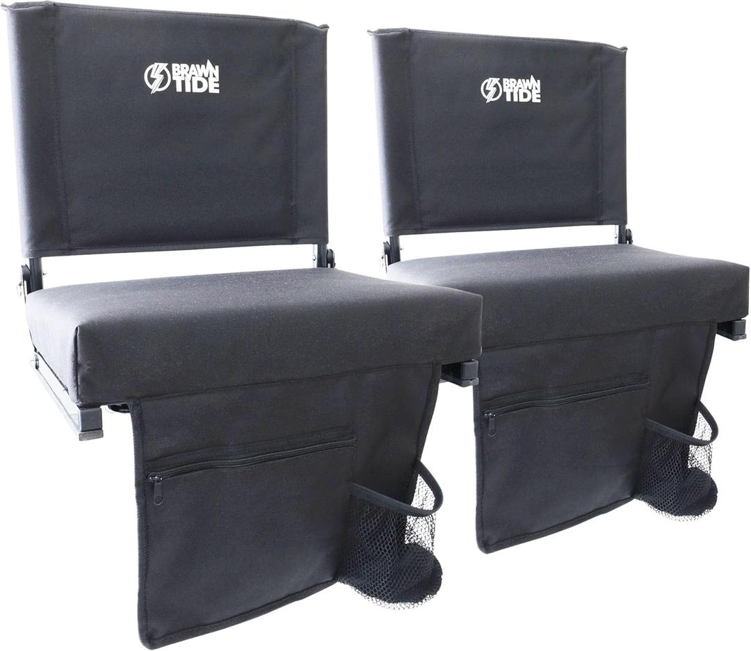 BRAWNTIDE Wide Stadium Seat - Extra Thick Cushion, Great Back Support, Lightweight Chair, Multiple Storage Pockets, Compact, Ideal for Sporting Events (Black, 2 Pack)