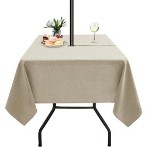 LUSHVIDA Outdoor Tablecloth with Umbrella Hole - Patio Table Cloth Zippered Square 60x60 Inch, Linen-Look Polyester Table Cover Water Resistant for Picnic Outside, Natural Color