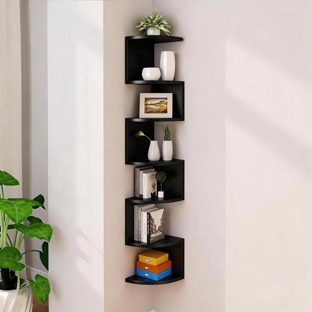 No-Drill Corner Shelf Wall Mount, 7-Tier Floating Corner Bookshelf with Hooks, Space-Saving Zigzag Plant Shelf for Bedroom, Living Room, Bathroom, Home OfficeBlack
