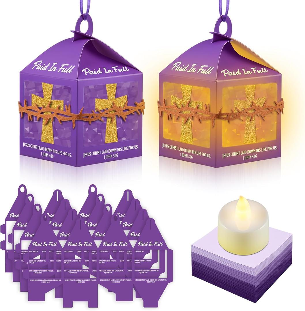 Simgoing 12 Sets Religious Easter Crafts Bulk Christian Cross Lanterns Crafts with LED Lights Glitter Cross Tissue Paper Lanterns for Easter Church VBS Sunday School Classroom Activities