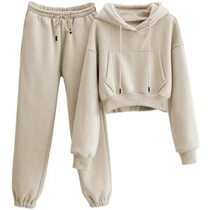 Tanming Women 2 Piece Outfits Sweatsuits Crop Pullover Fleece Sweatshirt Jogger Pants Lounge Set (Small, Khaki)