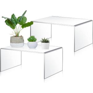 RattanView 2 Pcs 13 Inch Large Acrylic Risers Display Stands 5 mm Thick Acrylic Shelf Riser Showcase for Collectibles Jewelry Cupcakes Food Figures Perfume Cabinet(Clear)
