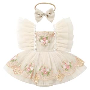 ODASDO Dresses for Baby Girls 1st First Birthday Party Dress Newborn Fairy Tulle Tutu Bubble Romper Toddler Kids Floral Embroidery Bodysuit One Year Old Cake Smash Outfit Photo Shooting Apricot 6-12M