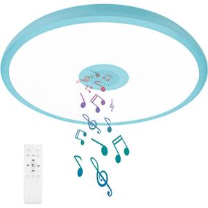 Sky Blue Waterproof LED Ceiling Light Fixture,Music Ceiling Lamp,with Bluetooth Speaker,11Inch 18W, 2700K-6500K Dimmable RGB Color Changing Light with Remote Control,Suitable for Boys' Room