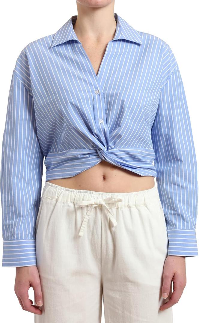 SUNNOW Women's Striped Twist Front Crop Button-Up Shirt Long Sleeve Casual Blouse Loose Fit Summer Tunic Top (Large, Blue)