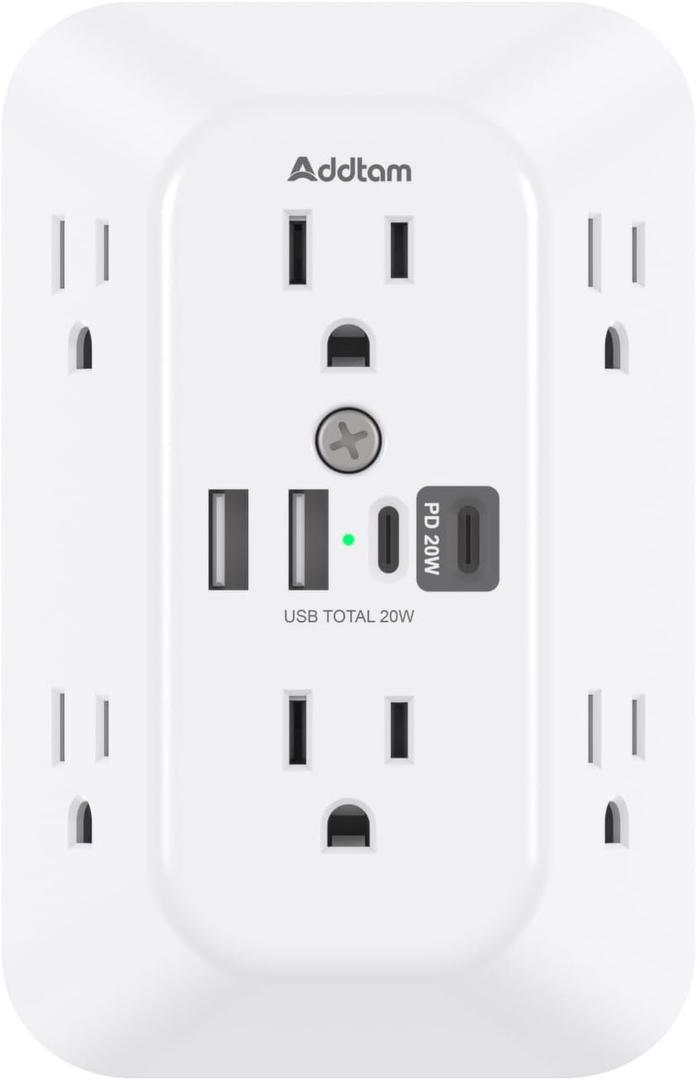 Addtam Surge Protector Outlet Extender, 6-Outlet Splitter with 4 USB Wall Charger(PD 20W), Multi Plug Wall Outlet 1800J Power Strip for Home Office Dorm Room Essentials (White)