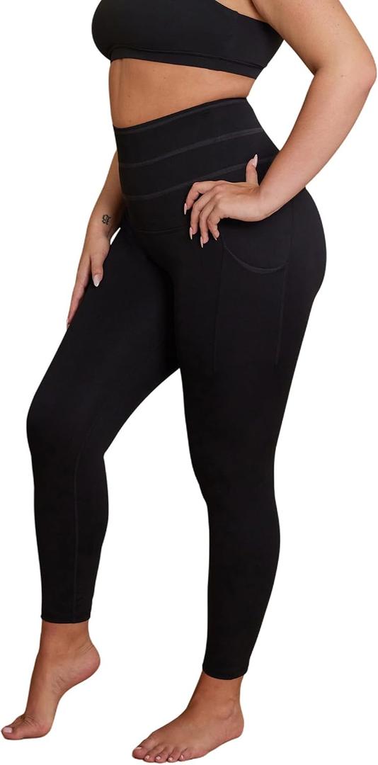AKARA Postpartum Tummy Control Leggings for Women No Roll Down Leggings Two Pockets Three Tier High Waist Band Yoga Pants M