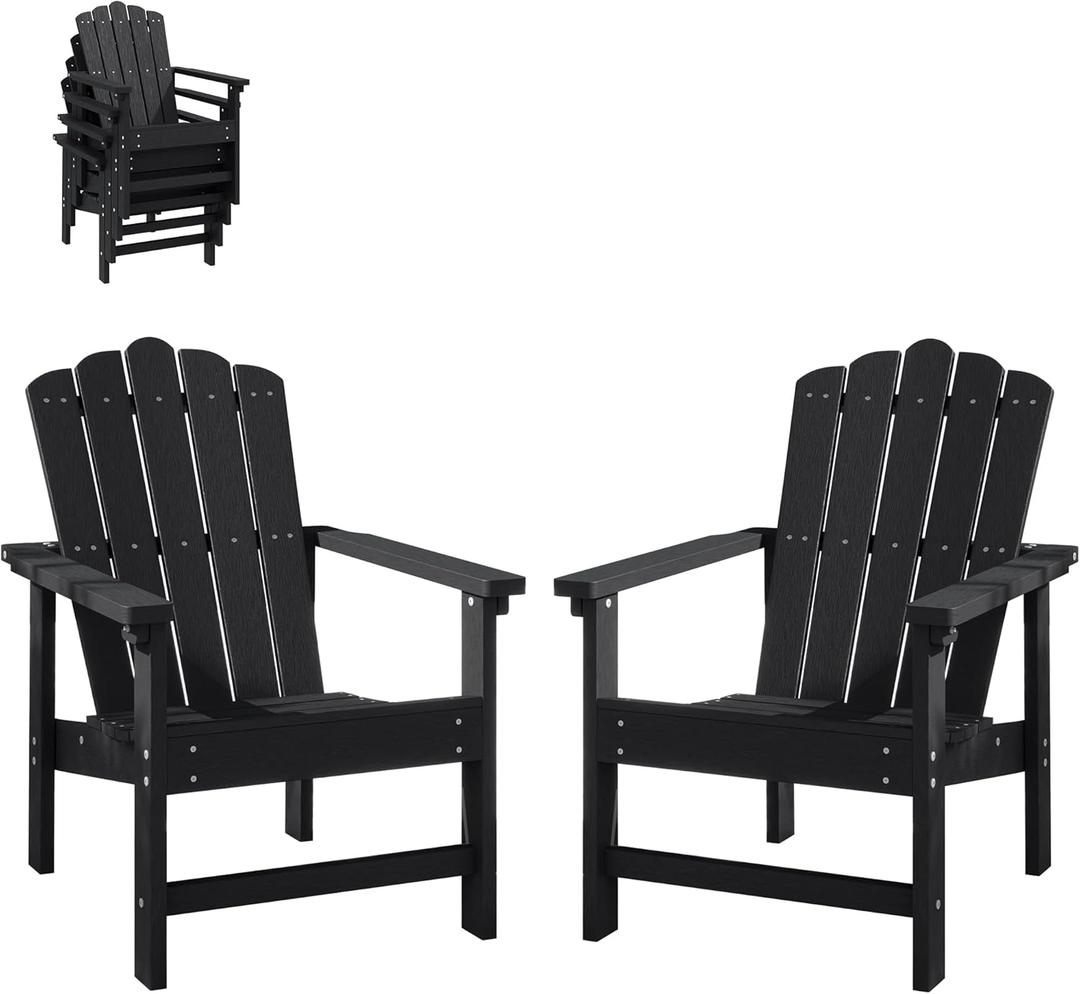 Stackable HDPE Adirondack Chairs Set of 2  Durable, Weather-Resistant Outdoor Patio Seating, Low Maintenance Poly Lumber Chairs for Porch, Deck, Garden, Fire Pit (Black)