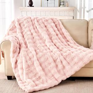 Luxury Faux Rabbit Fur Throw Blanket, Soft Bubble Fluffy Blanket Cozy Fuzzy Throw Blankets for Bed Sofa Couch, Decorative Thick Warm Plush Fuzzy Elegant Soft Mink Blanket (50" x 60", Pink)
