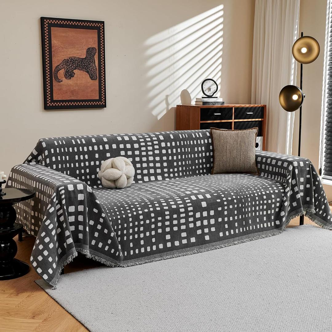 MEETSKY Boho Couch Cover Sofa Covers, Chenille Geometric Dark Grey Couch Covers for 2 Cushion Couch Sofa for Dogs, Washable Slipcover for Cat Sofa Protector with Tassels, 71" x 118"