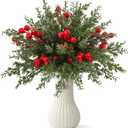 Dapclca 50 Pcs Christmas Artificial Pine Branches with Red Berry Stems, 10.5" Faux Evergreen Norfolk Pine Cypress Leaves Stems- Fake Foliage Pine Needles Picks for DIY Craft Garland Home Dcor