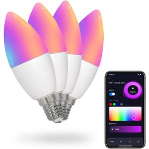 MoesGo Smart Candelabra Led Light Bulbs, WiFi E12 Smart Bulbs, 2700K-6500K CW& RGB Dimmable, Smart Life/Tuya APP Remote Control, Work with Alexa/Google Home, 470lm 5W (40W Equivalent) 4 Pack No Hub