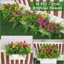 16 Bundles 7 Styles Artificial Flowers for Outdoors, UV Resistant No Fade Fake Plants Outdoor Faux Flowers Plant Silk Daisy Boston Fern Lavender Flowers for Cemetery Outside Planters Porch Patio Home