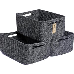MiniArk Large Storage Baskets for Shelves, Closet Organizers Bins for Clothes Blanket Towels, Baby Nursery, Toy Baskets Box, Woven Rope Baskets, 17 x 13 x 7.5, 3 Packs Dark Gray