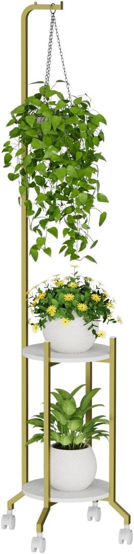 Plant Stand Indoor, 2 Tier Hanging Tall Plant Shelf with Wheels, 3 Potted Corner Flower Stand Metal Plant Holder, Plant Shelves for Living Room, Bedroom, Patio, Outdoor, Gold
