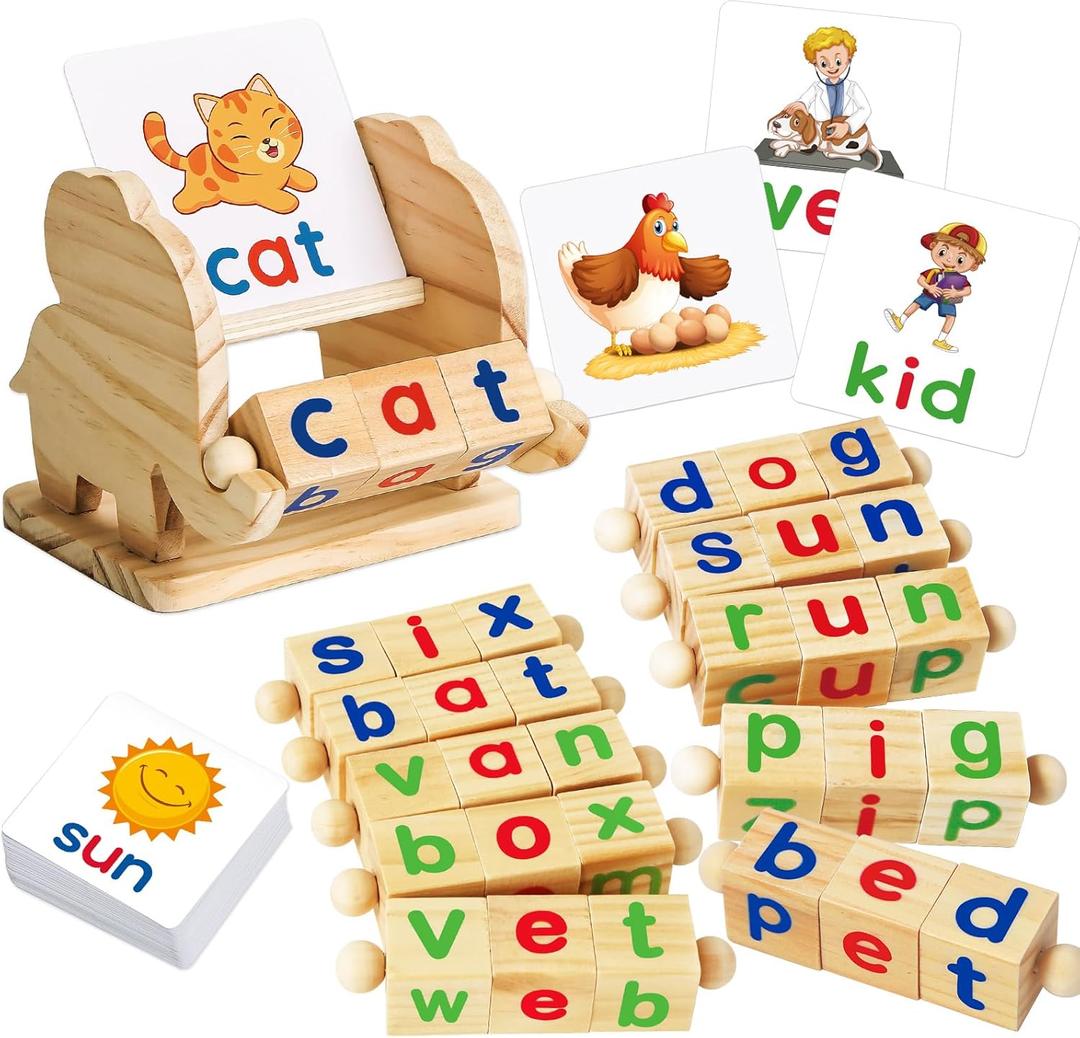 Montessori Learning and Educational Toys Gifts for Kids 3 4 5 Years, Wooden Reading Blocks Toys, Learning Activities for Preschool Kindergarten, Turning Rotating Matching Flash Card Games