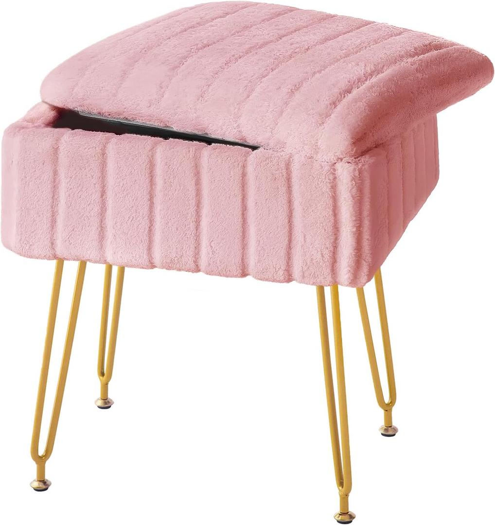 FUXA Vanity Stool with Storage, Pink Vanity Chair 4 Metal Legs with Anti-Slip Feet, Faux Fur Soft Padded Seat, Cute Small Footstool Ottoman, Modern Multifunctional Chairs for Makeup Bedroom