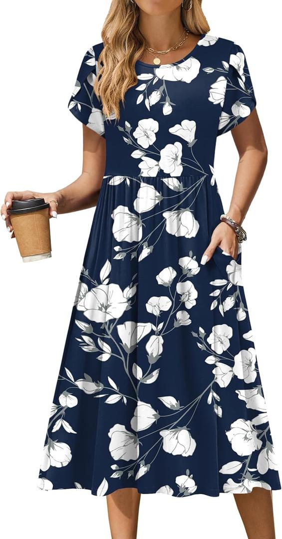 Zeagoo Women Summer Short Sleeve Midi Dress with Pockets Casual Aline Flowy Tshirt Dress Floral Vocation Beach Sundress (Medium, White Floral Blue)