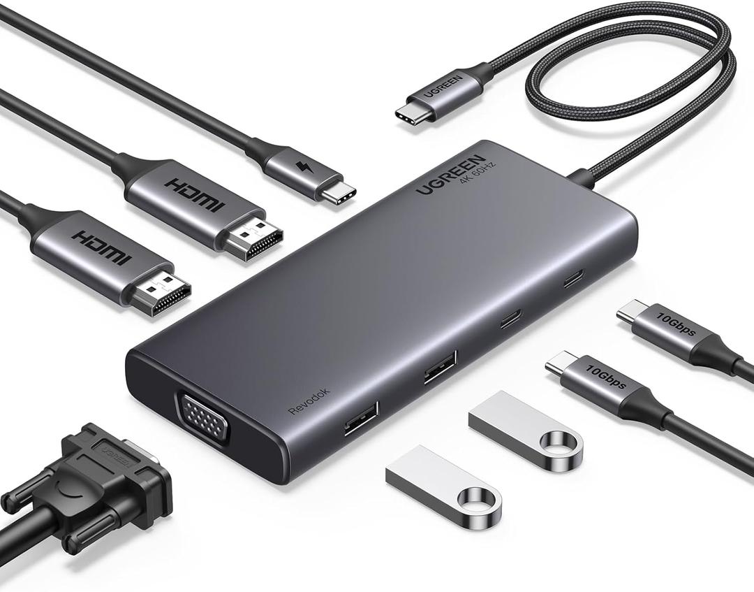 UGREEN 8 in 1 USB C 4K Docking Station Dual Monitor, Triple Display USB C Hub with 2 HDMI, VGA, 2 USB A&C 3.2 Ports, 100W PD, Compatible for MacBook, Dell, HP, Lenovo, Surface etc